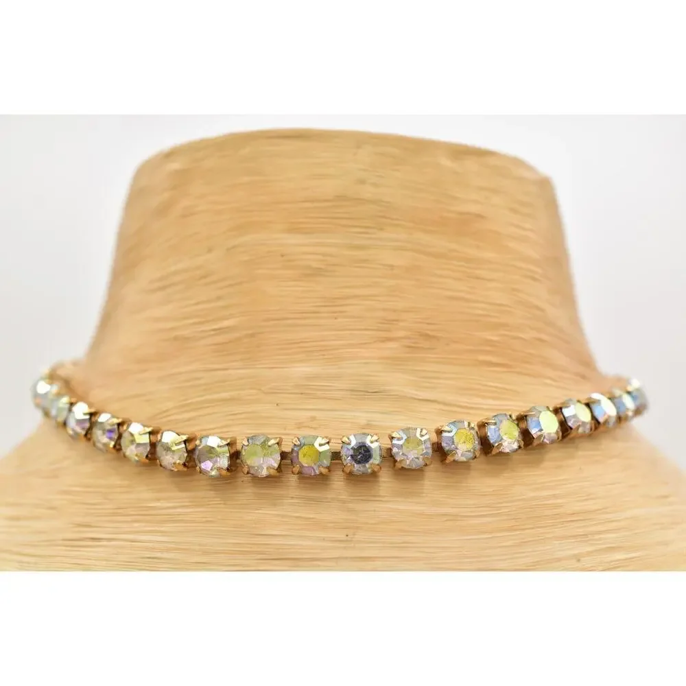 Vintage Crystal Choker Necklace Aurora Borealis Round Prong Rhinestone 80s BinBL